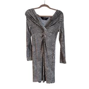Norma Kamali Animal Print Pattern Gray Dress Long Sleeve Knotted Layered Back XS
